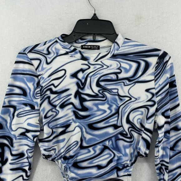 SheIn T Shirt Womens 4 Blue White Marble Print Tee Cut Out Round Neck Tie Side - Picture 6 of 12